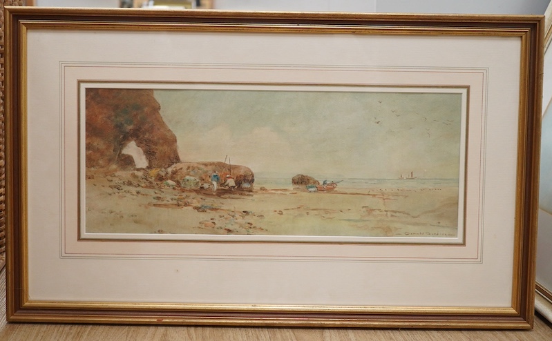 Oswald Garside (1879-1942), watercolour, Beach scene, signed, 19 x 48cm. Condition - fair